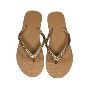 Gold Tone Shade & Shore Flip Flops With Rhinestone Embellishment